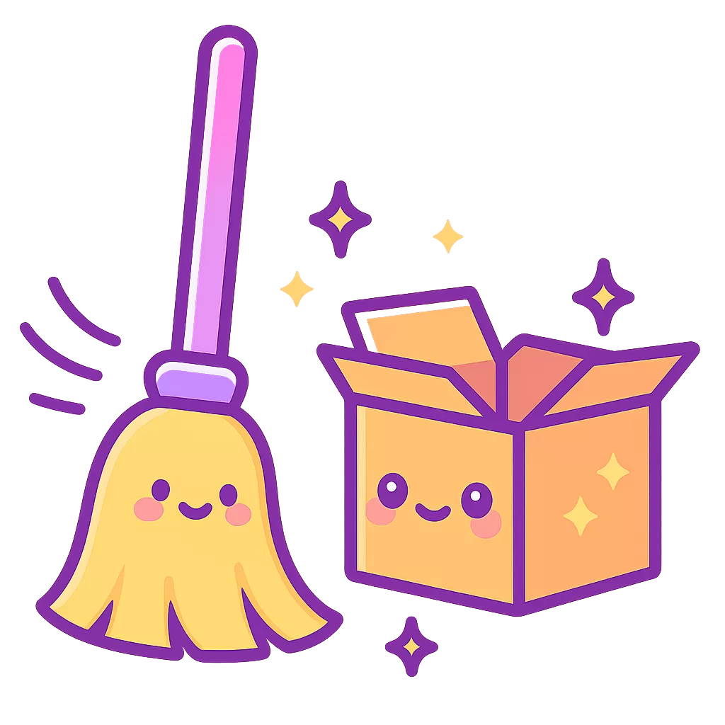 Cute cartoon broom and unpacked box with kawaii faces, sparkles, and motion lines, symbolizing nesting during pregnancy.