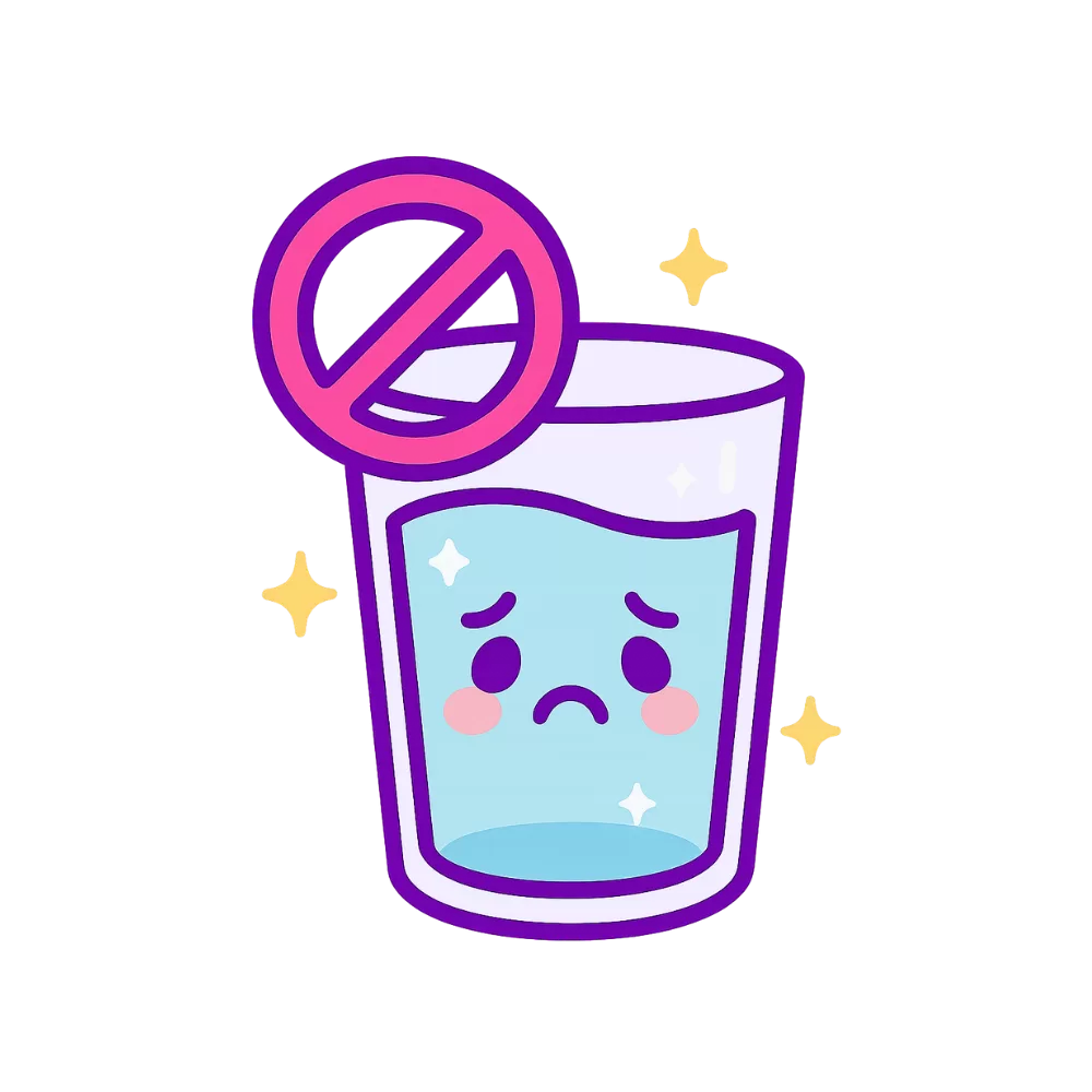 Cartoon glass of water with a sad face inside a hot pink prohibition symbol and purple outline, sparkles around, symbolizing pregnancy aversion to water.