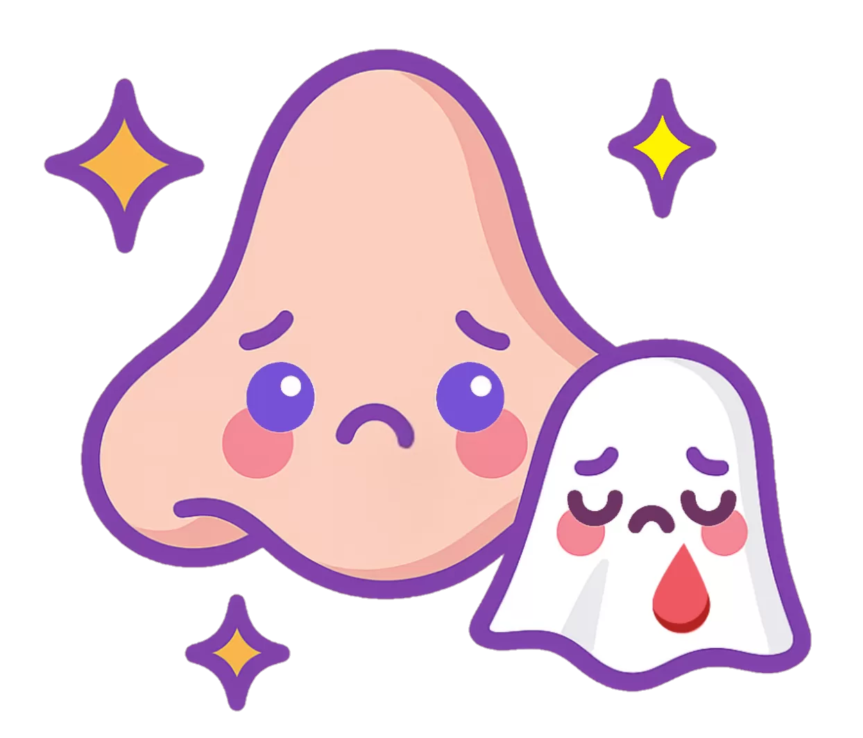 Cartoon pink nose with sad kawaii face next to a white tissue holding a pink droplet, both outlined in purple with sparkles, symbolizing pregnancy nosebleeds.
