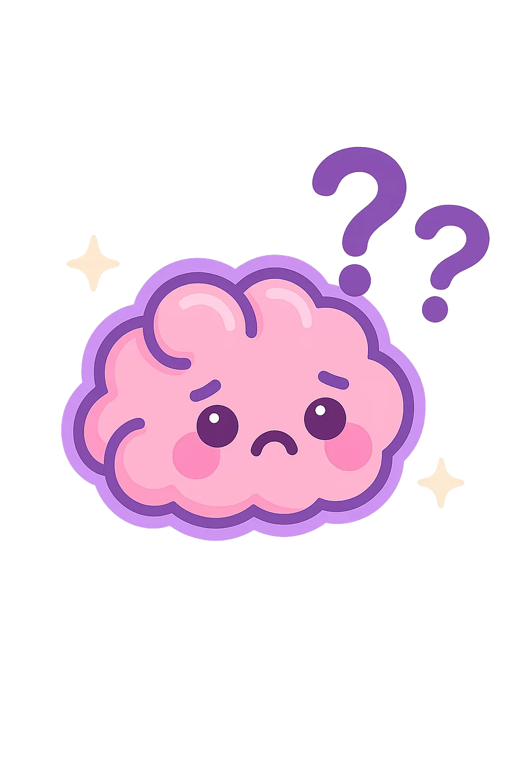 Cartoon pink brain with kawaii sad face, purple outline, sparkles, and floating question marks, symbolizing pregnancy brain