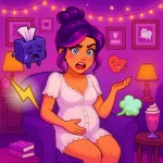 Cartoon pregnant woman with purple hair in a bun, sitting in a purple chair surrounded by symptom icons like a crying tissue box, broken heart, fart cloud, and lightning bolt. Her expression is frustrated and dramatic, symbolizing unexpected pregnancy symptoms.
