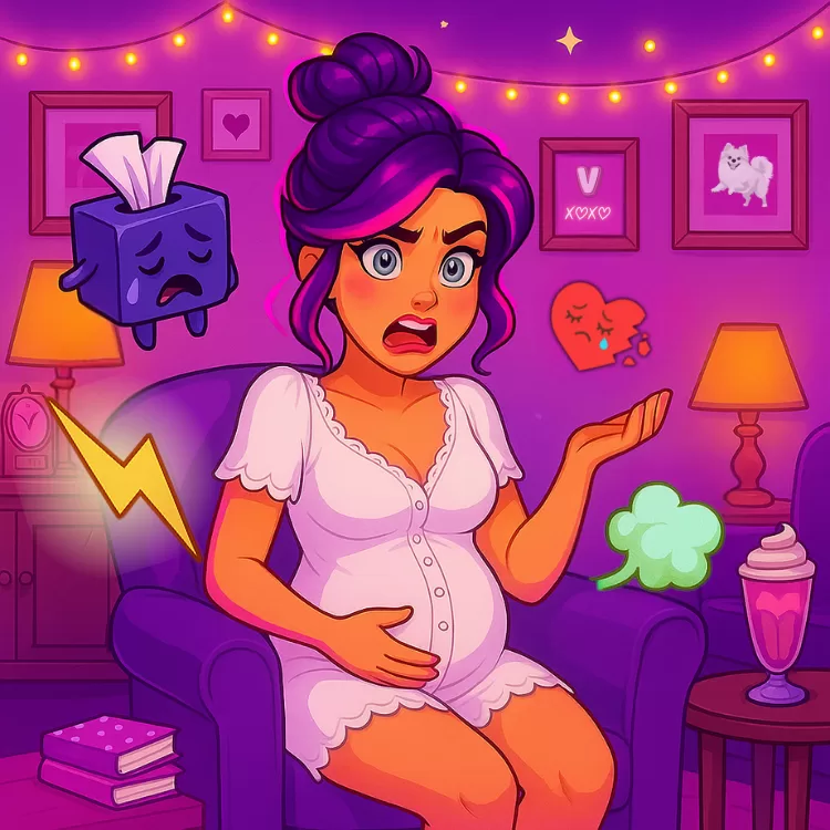 Cartoon pregnant woman with purple hair in a bun, sitting in a purple chair surrounded by symptom icons like a crying tissue box, broken heart, fart cloud, and lightning bolt. Her expression is frustrated and dramatic, symbolizing unexpected pregnancy symptoms.