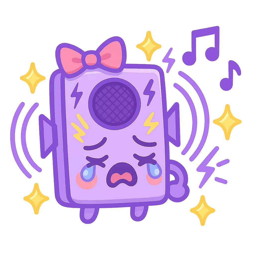 Kawaii purple speaker character with sad face, sound waves, musical notes, sparkles, and hot pink bow, symbolizing pregnancy sound sensitivity.