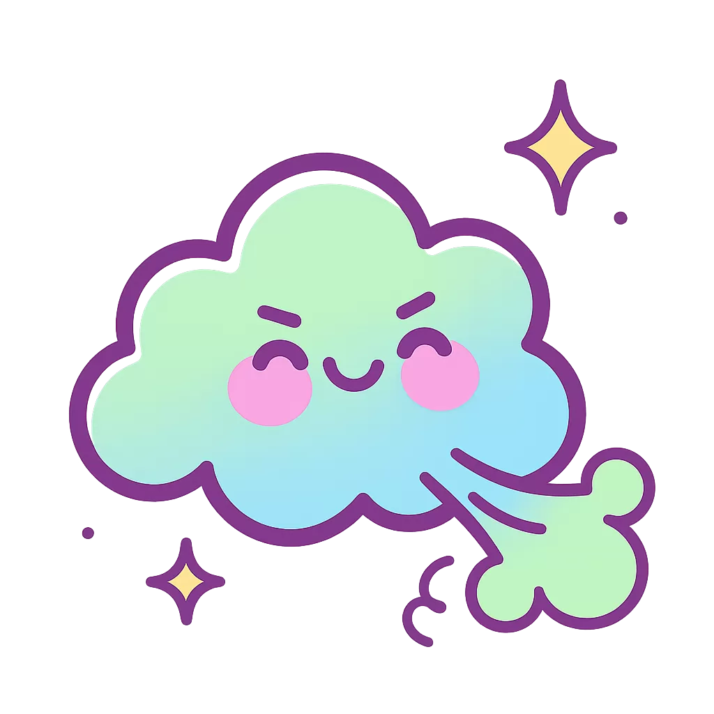 Cartoon pastel-green and lavender fart cloud with a cheeky face, sparkles, and motion lines, symbolizing pregnancy gas.