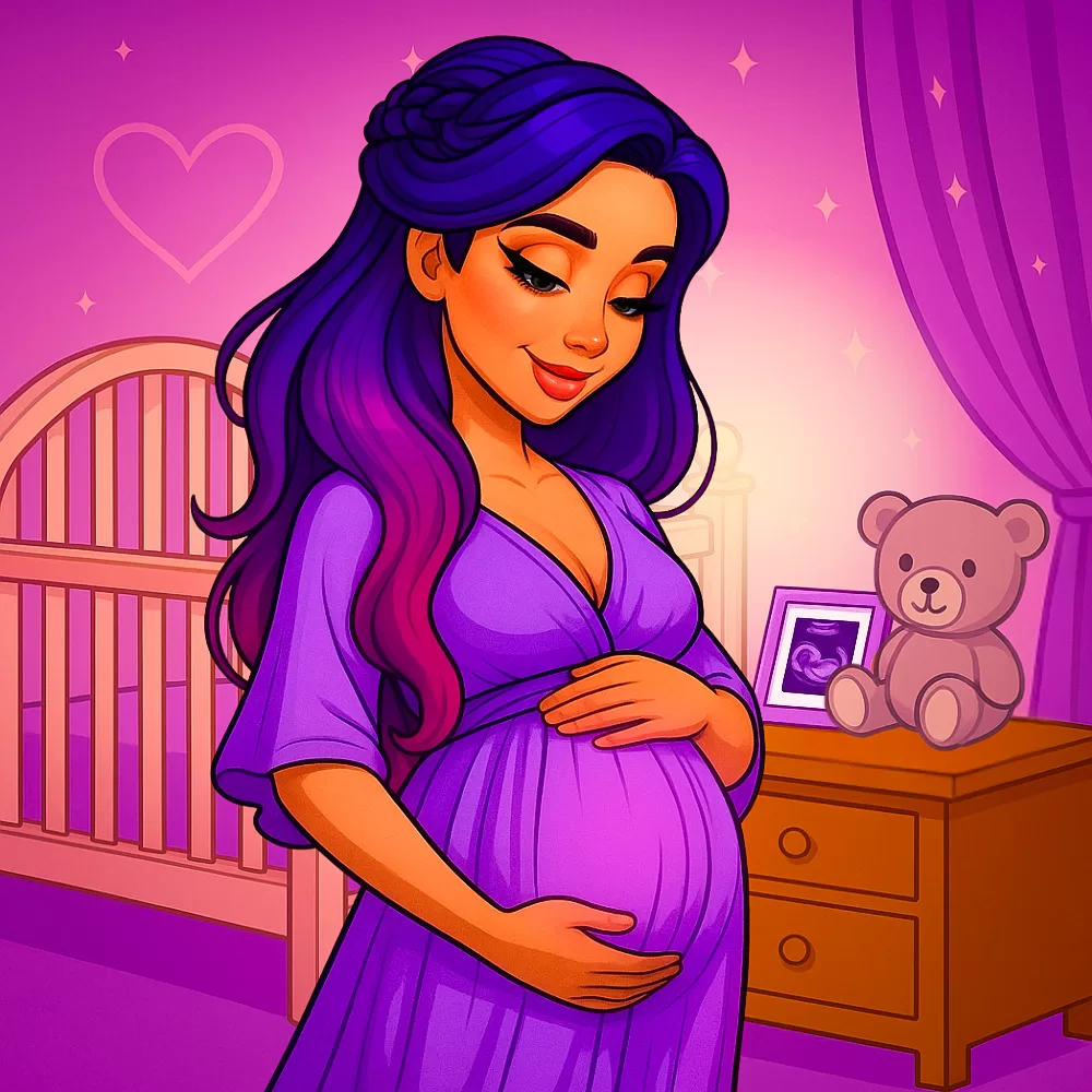 Pregnant woman with purple hair in a lavender dress smiling at her belly in a nursery with a crib, teddy bear, and ultrasound photo