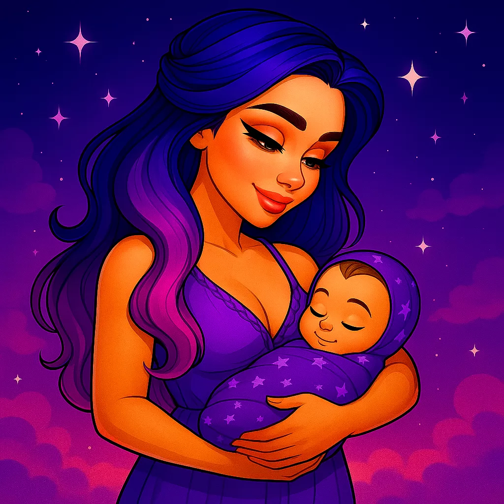 Mother with purple and pink ombre hair holding her swaddled newborn under a starry purple night sky