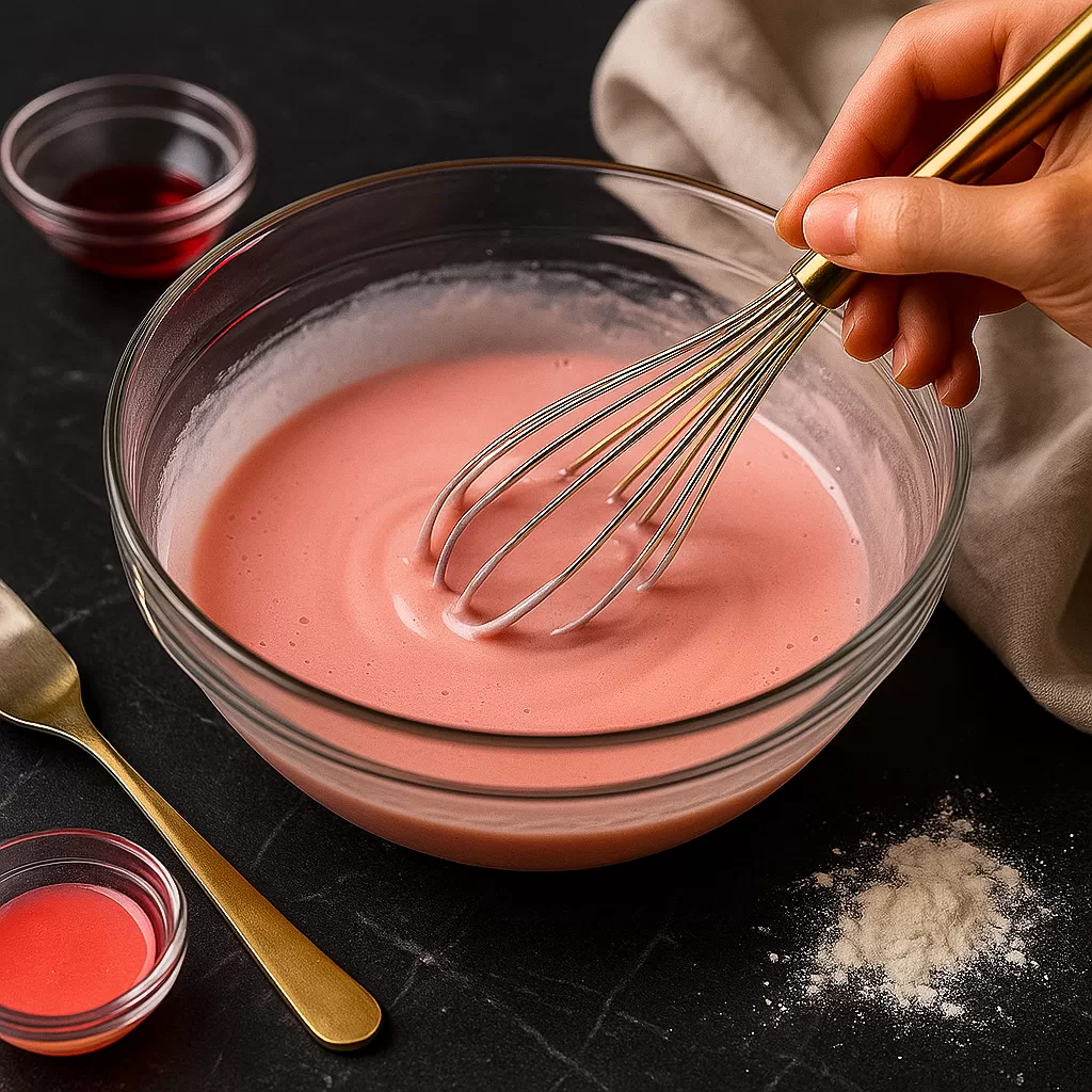 Hand whisking smooth pink mochi batter in a glass bowl on a black marble countertop with flour, food coloring, and a gold fork nearby