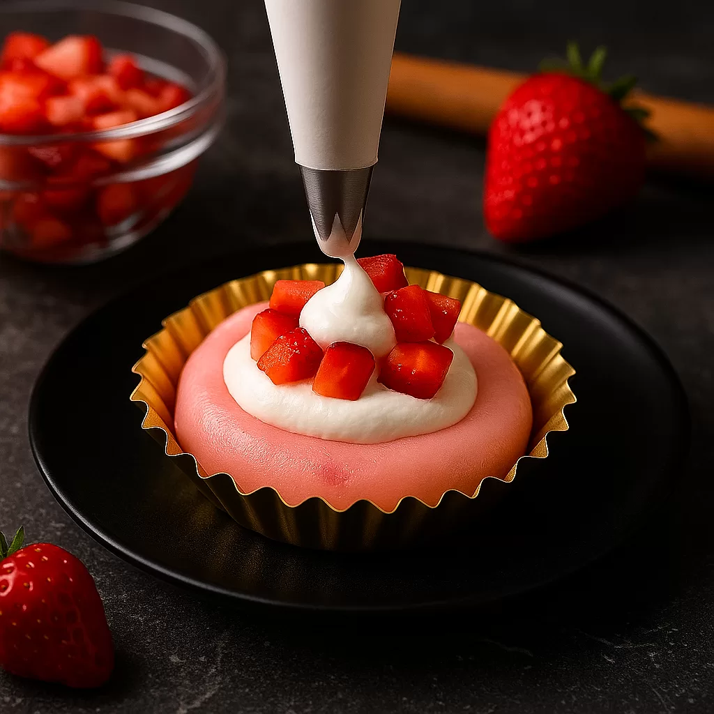Piping whipped cream into pink mochi dough with diced strawberries in a gold cupcake liner on a black plate