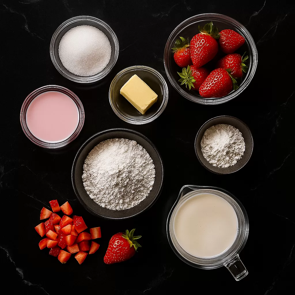 Flatlay of ingredients for Vievacious strawberry mochi recipe including strawberries, flour, milk, butter, pink food coloring, and sugar on black marble