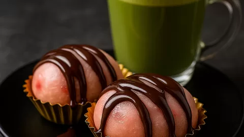 Two strawberry mochi with chocolate drizzle in gold liners next to a matcha latte with latte art on a black plate