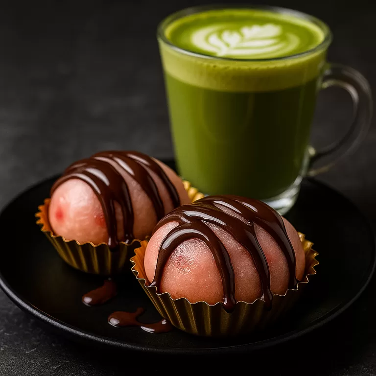Two strawberry mochi with chocolate drizzle in gold liners next to a matcha latte with latte art on a black plate