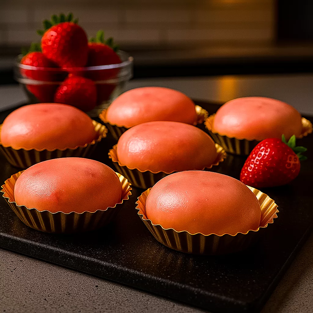 Close-up of six glossy pink strawberry mochi in gold cupcake liners on a black serving board with fresh strawberries in the background