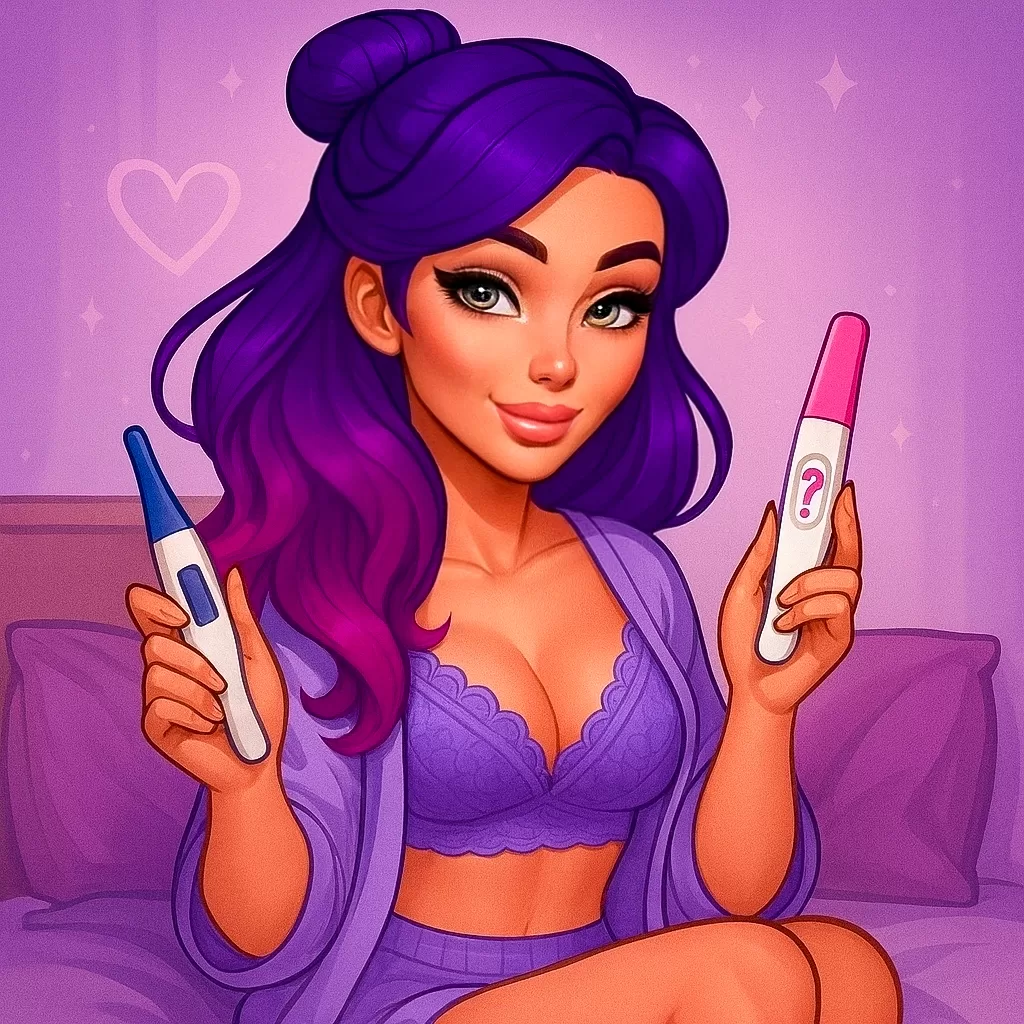 Vievacious woman with purple hair holding a pregnancy test and thermometer, symbolizing the trying to conceive journey