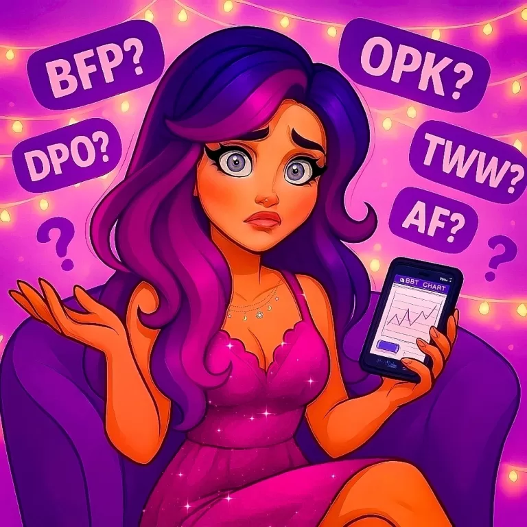 Confused woman holding a phone with a BBT chart, surrounded by TTC acronyms like BFP, DPO, TWW, AF and OPK