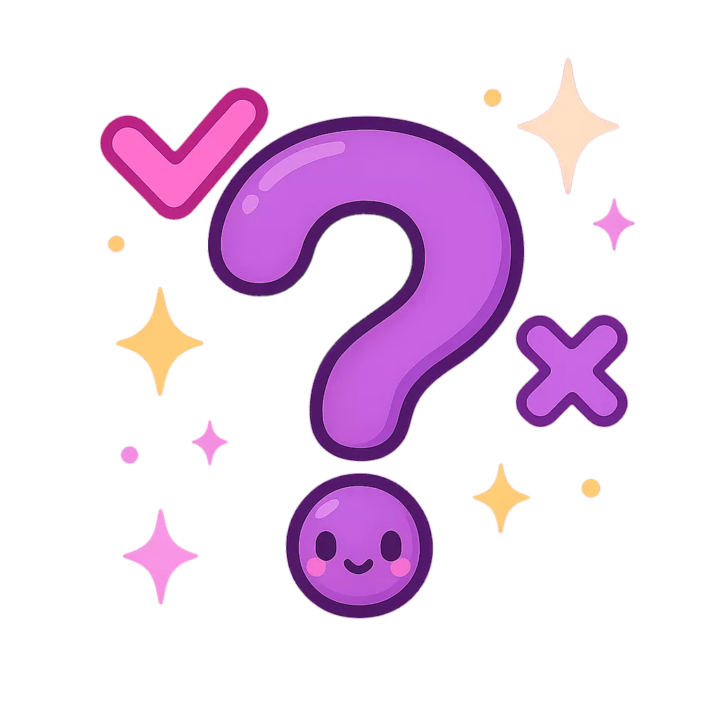 Kawaii icon showing a question mark with a pink checkmark and purple X surrounded by sparkles on a purple background