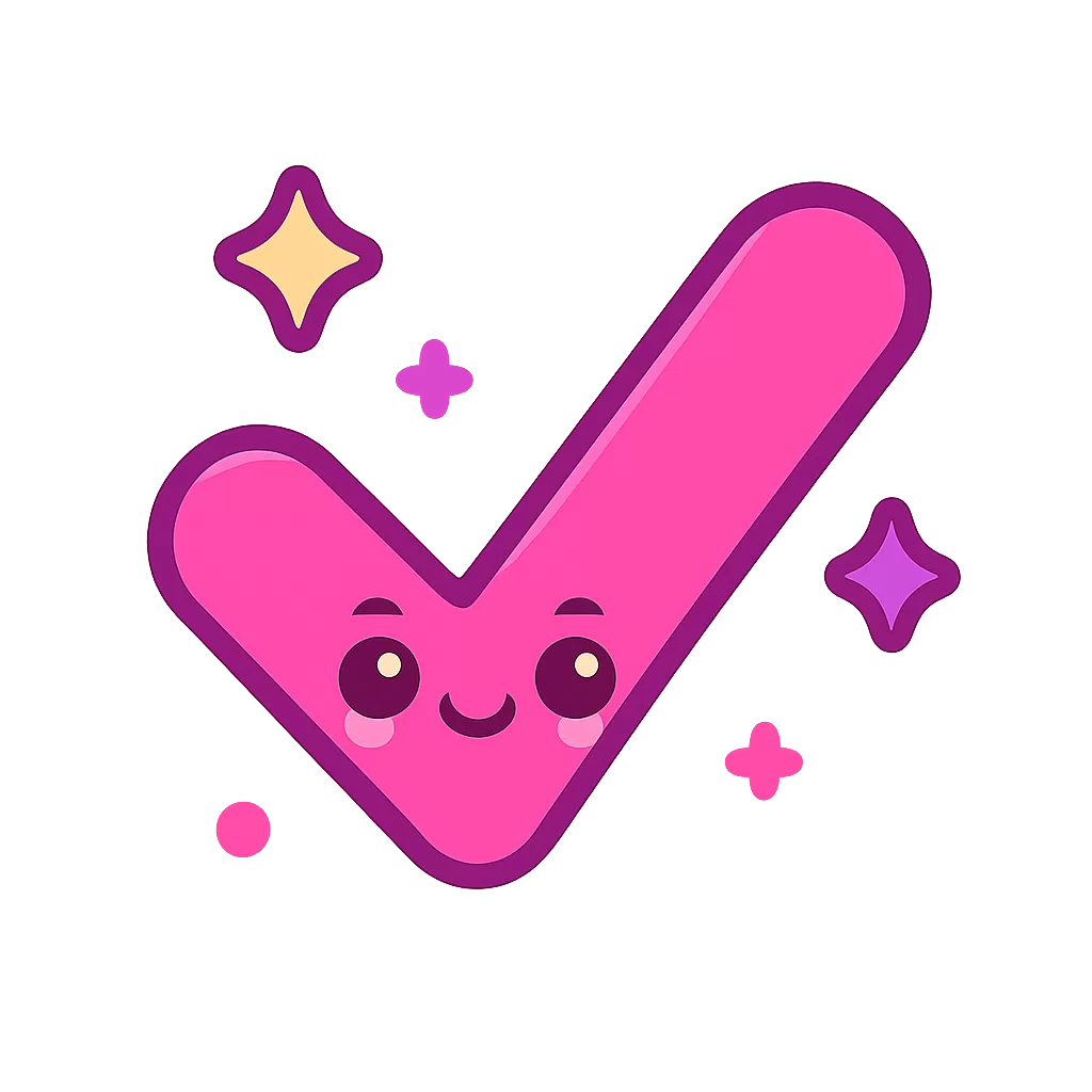 Cute kawaii pink checkmark icon with sparkles, rosy cheeks, and glowing accents in Vievacious style