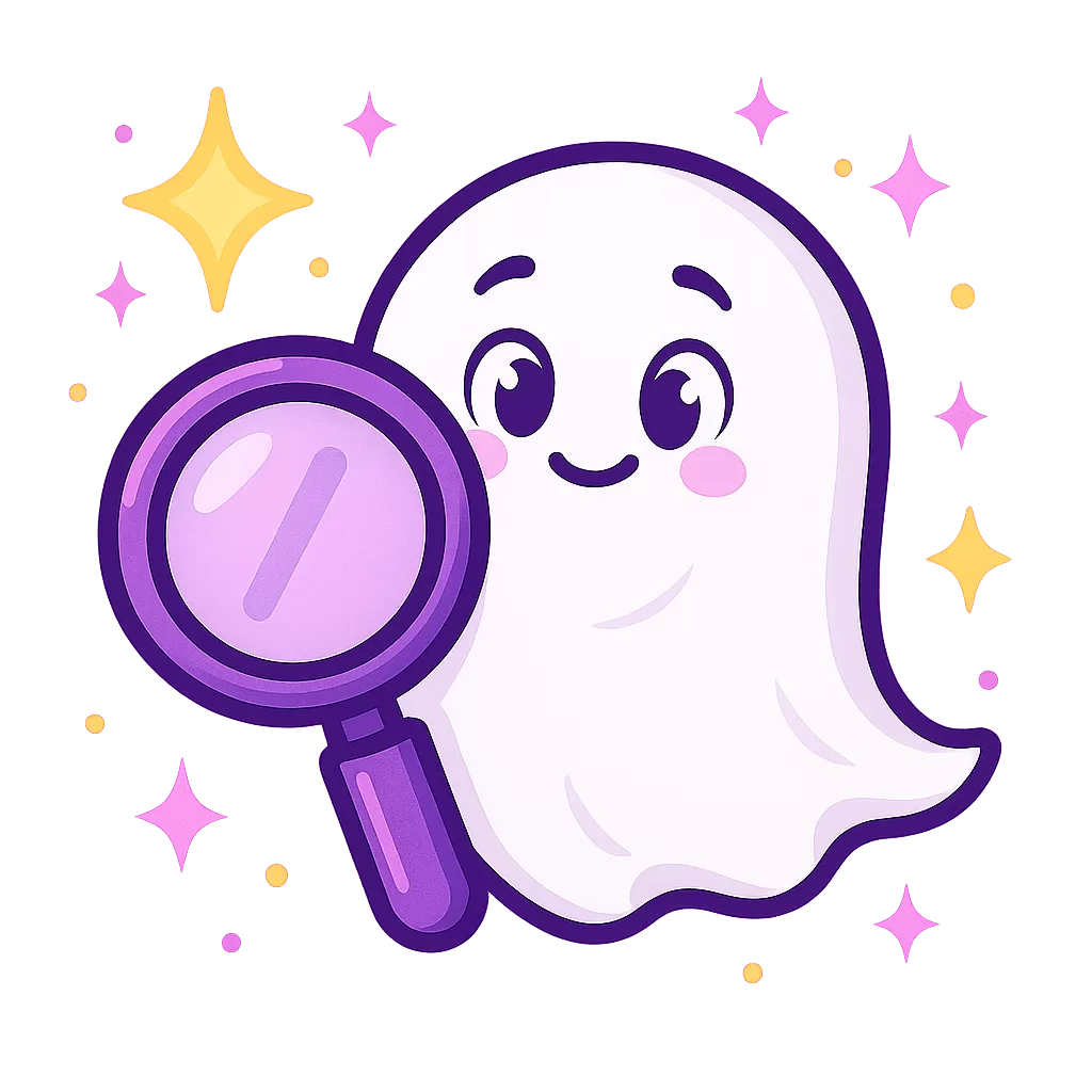 Cute kawaii ghost holding a magnifying glass with a faint line inside, surrounded by sparkles.
