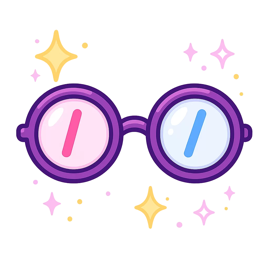 Cute kawaii glasses icon with pink and blue lines in the lenses, surrounded by sparkles