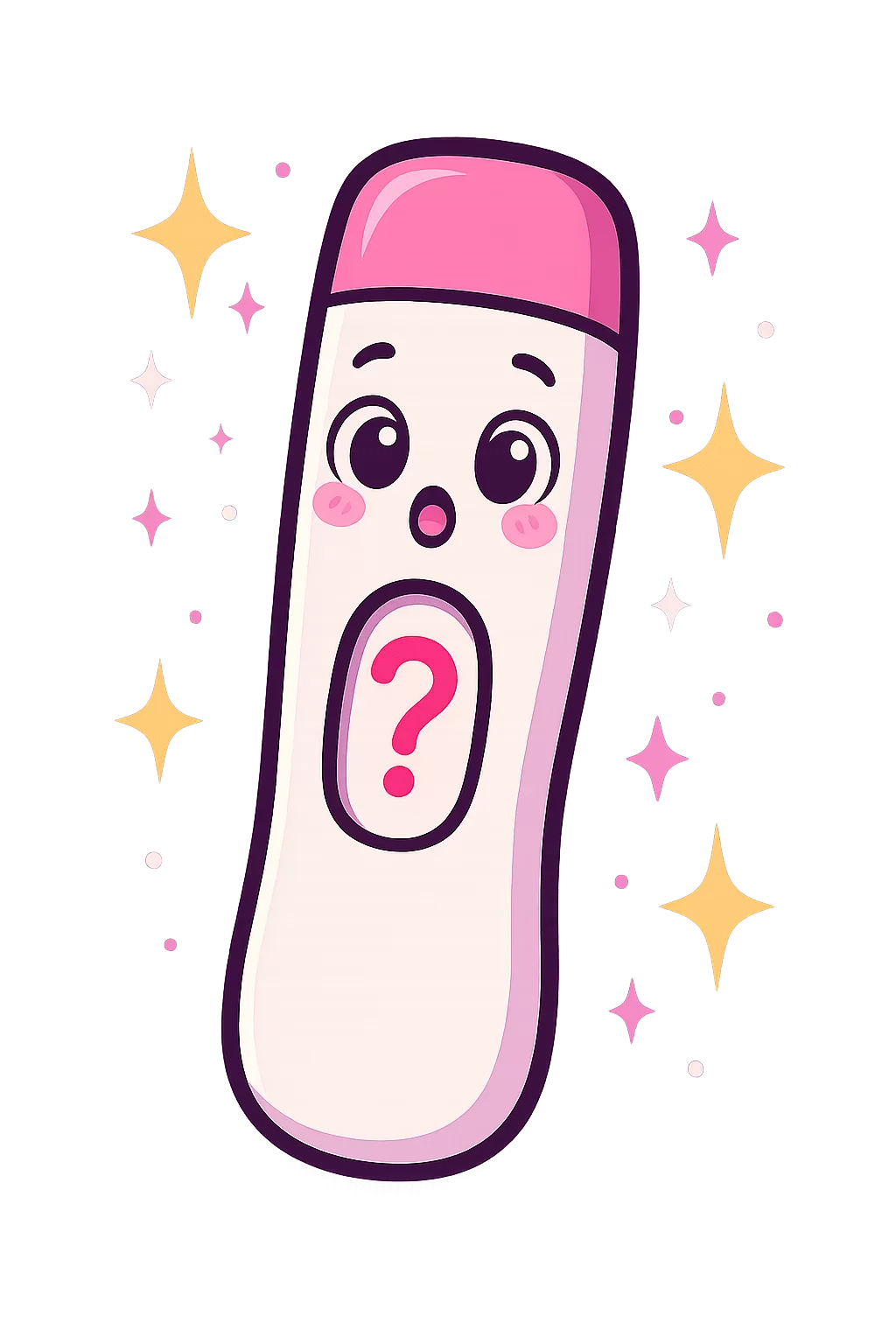 Cute kawaii pregnancy test icon with a pink cap and a question mark on the screen, surrounded by sparkles
