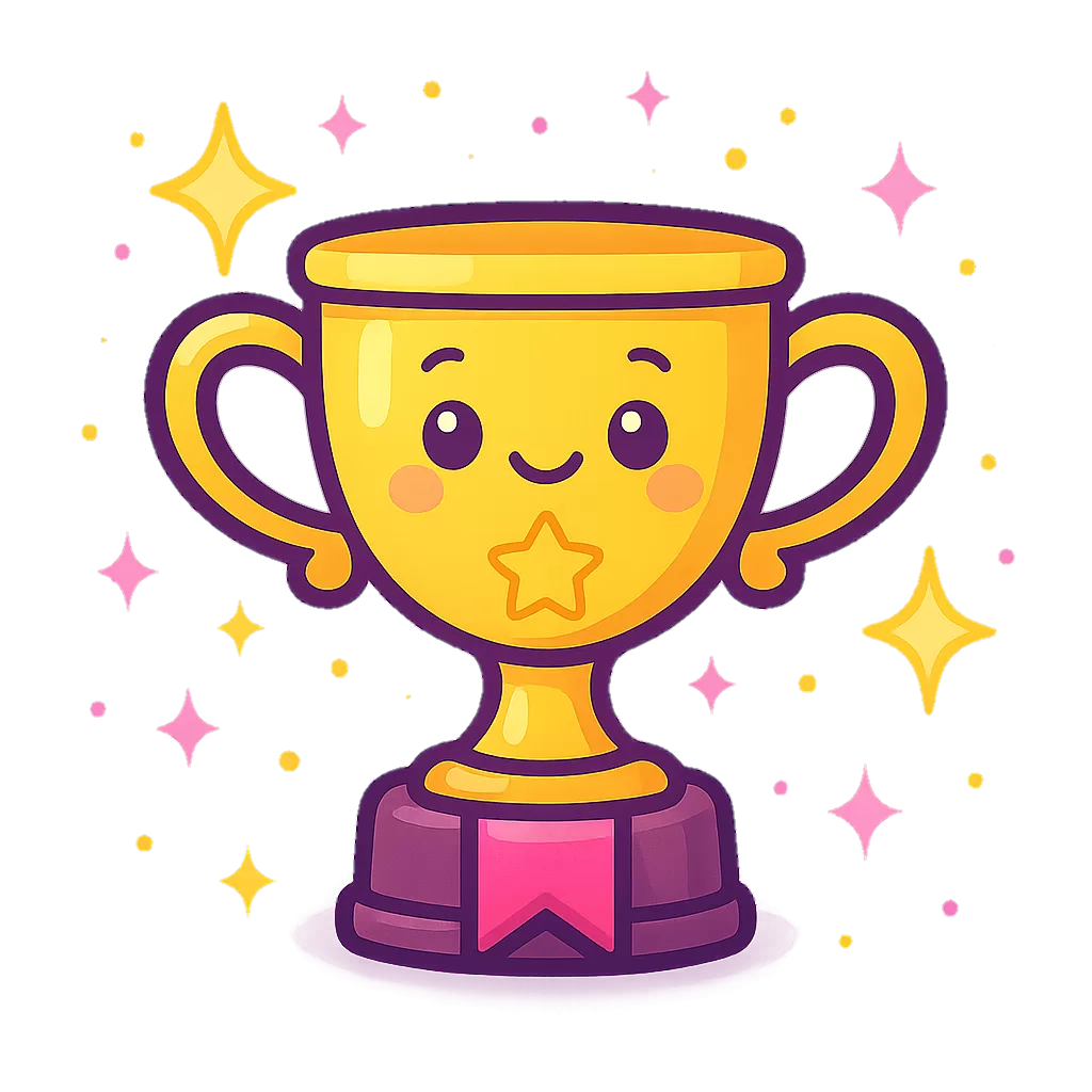 Cute kawaii trophy with a star and pink ribbon, surrounded by sparkles on a purple glowing background