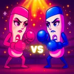 Cartoon illustration of a pink dye vs blue dye pregnancy test boxing match with sparkles and glows in a purple ring