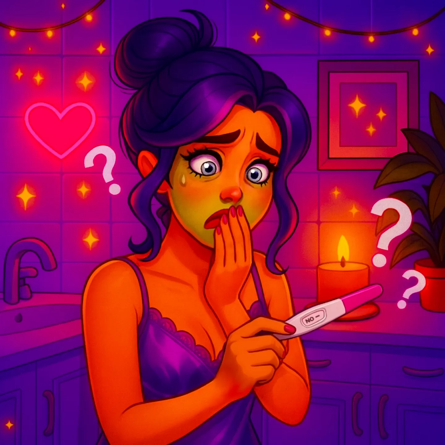 Sick and confused woman in a purple satin camisole holding a negative pregnancy test in a softly lit, feminine bathroom.