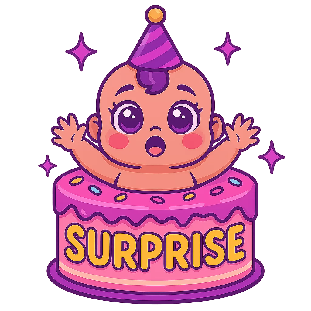 Cute baby popping out of pink cake labeled “SURPRISE” with a party hat and sparkles