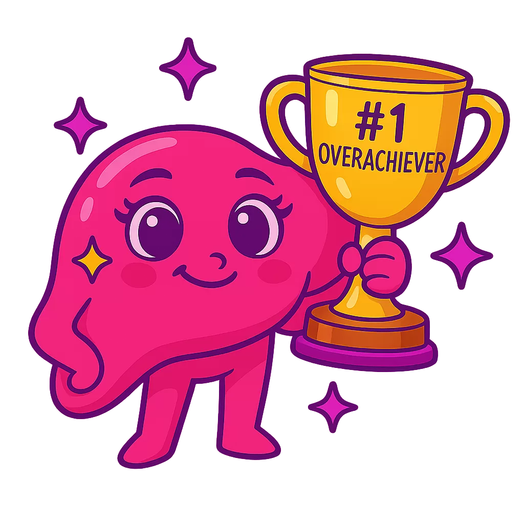 Kawaii pink liver character holding a #1 Overachiever trophy with sparkles