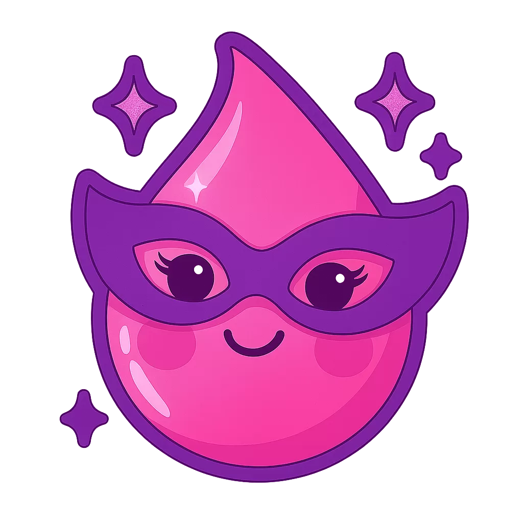Kawaii-style pink hormone droplet wearing a purple masquerade mask, symbolizing hidden hCG variants