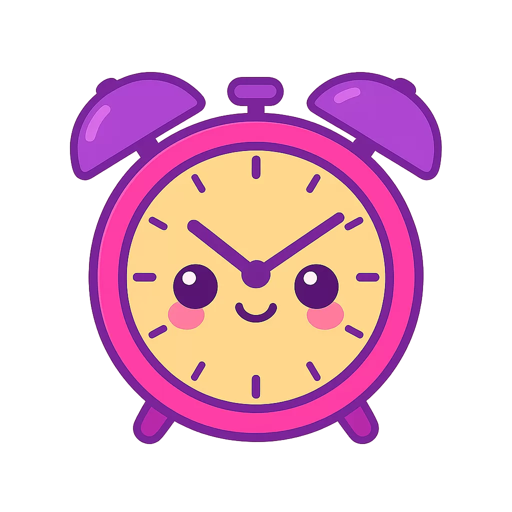 Kawaii-style alarm clock sticker with smiling face in hot pink and purple, symbolizing TTC test timing