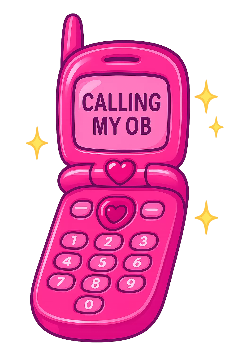 Glossy pink flip phone sticker with heart buttons and “CALLING MY OB” on screen