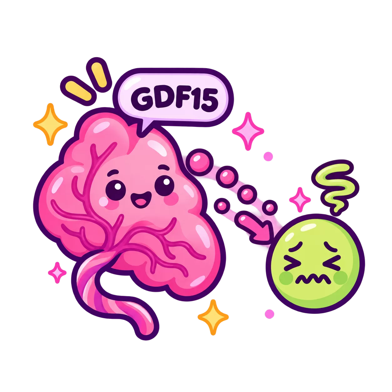Cute stylized placenta labeled GDF15 sending signal particles toward a queasy nausea face.
