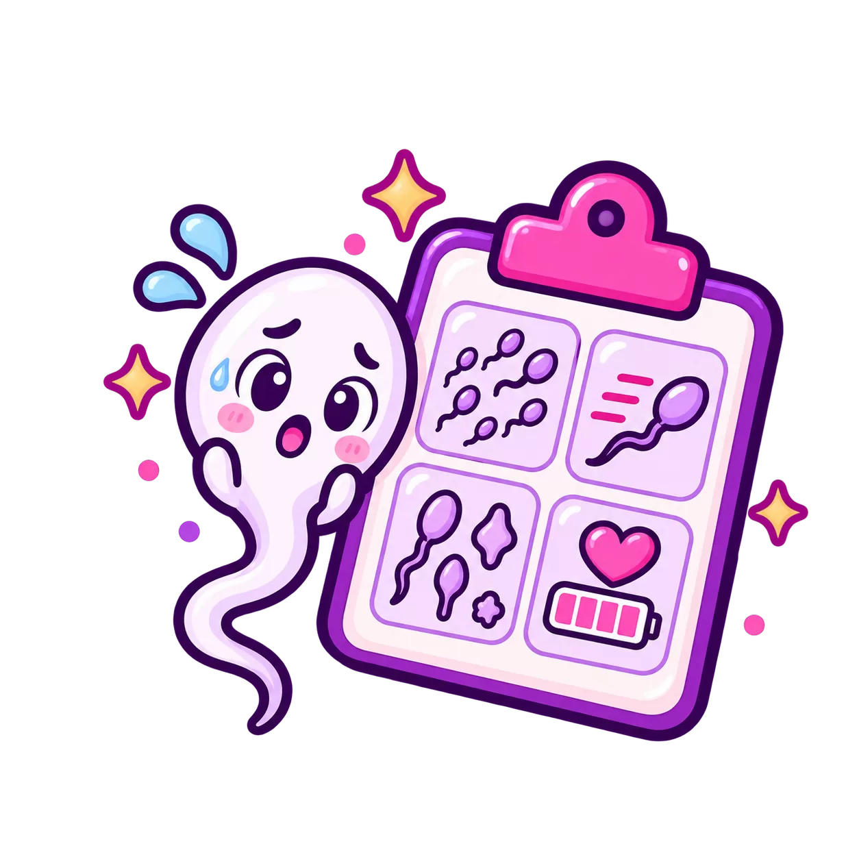 Cute sperm character looking overwhelmed beside a clipboard with several separate semen-analysis measurement panels.