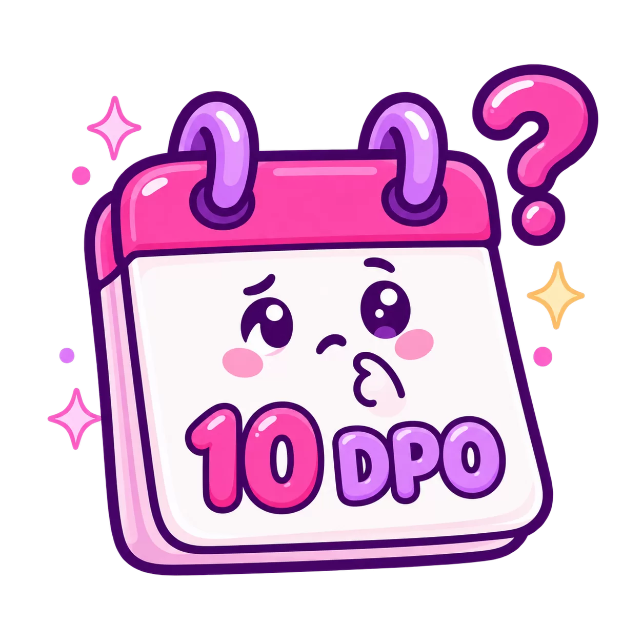 Kawaii calendar page labeled 10 DPO with a confused expression and question mark.