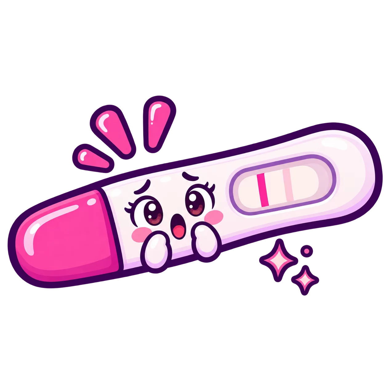 Kawaii pregnancy test with one dark line and one very faint full-length second line, wearing a shocked expression.