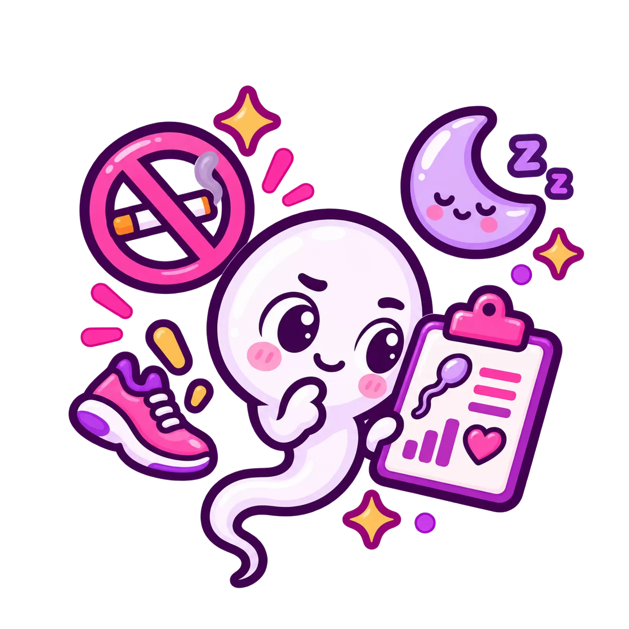 Cute sperm at a reproductive-health check station with a clipboard, sneaker, sleep cue, and crossed-out cigarette.