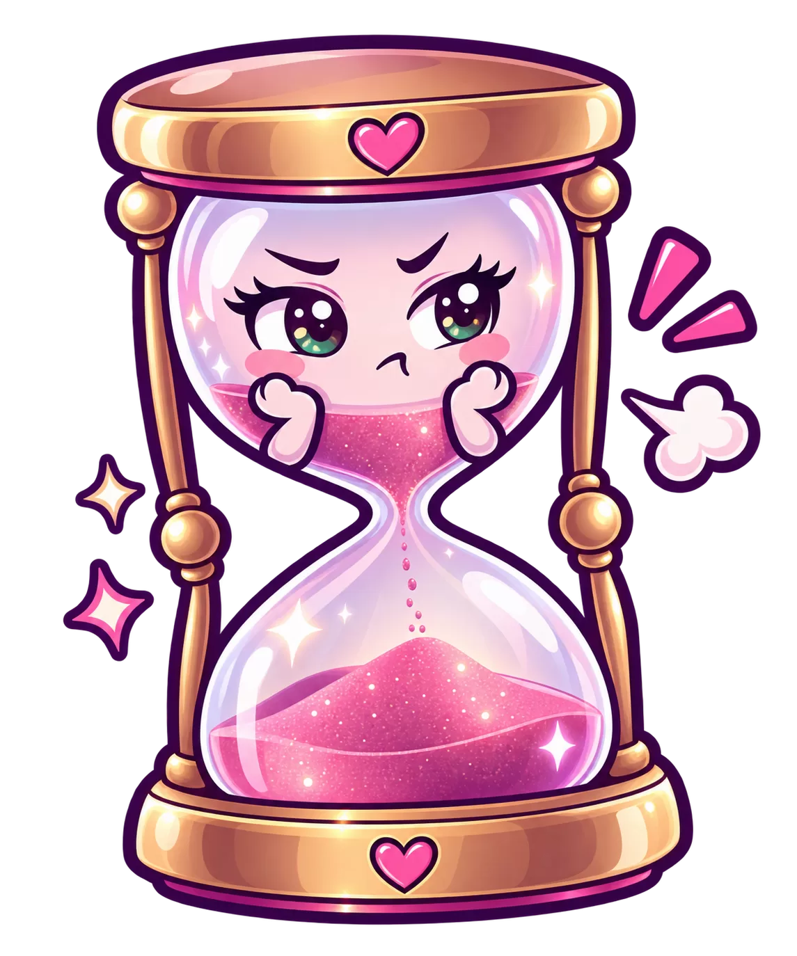 Kawaii hourglass with pink sand and an impatient expression representing waiting to retest after a 10 DPO BFN.
