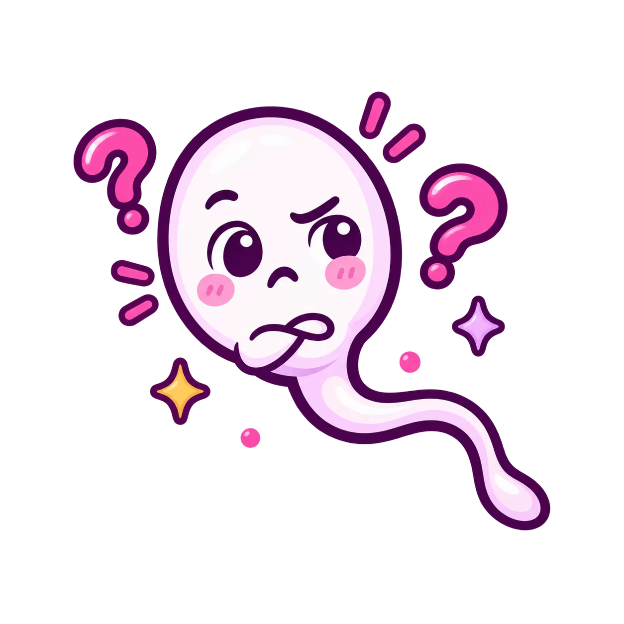 Cute sperm character looking offended and confused with question marks around it.