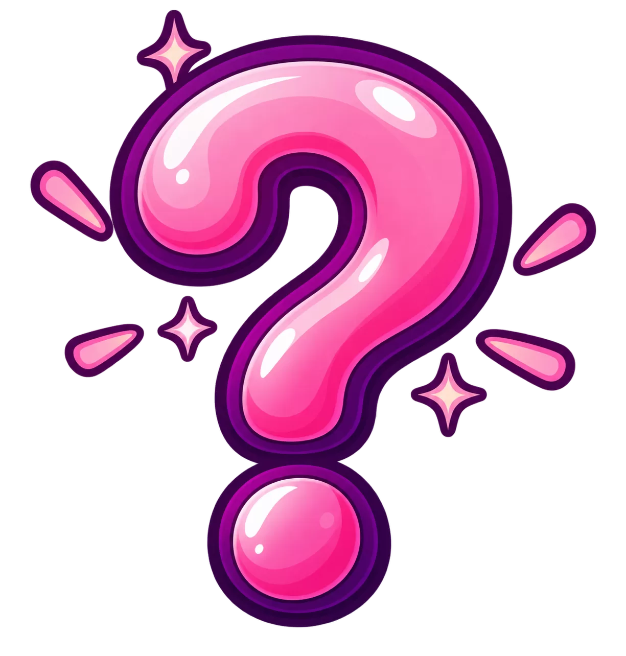Glossy pink question mark with deep-purple outline and small sparkles.