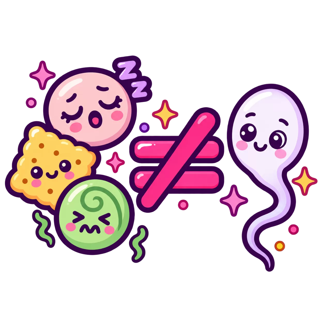 Cute pregnancy symptom icons separated from a sperm character by a bold crossed-out equals sign.