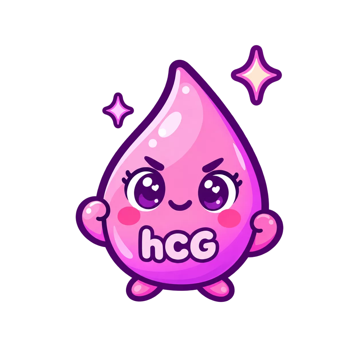 Cute pink hCG droplet character looking determined with two upward sparkles.